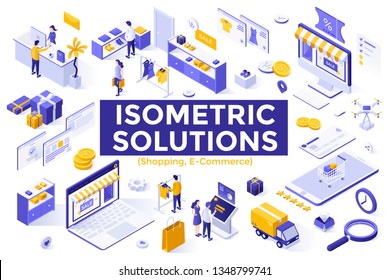 Bundle of isometric symbols or objects isolated on white background - online shopping and retail, internet store, e-commerce, sale and discount, buyers and sellers. Modern vector illustration.