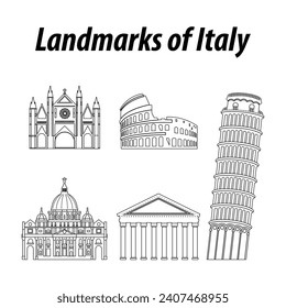 Bundle of Italy famous landmarks by silhouette outline style,vector illustration