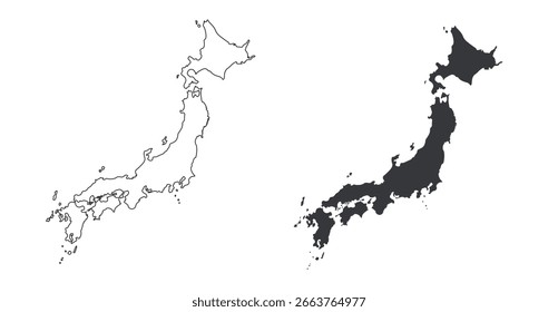Bundle of Japan map icons : outline and solid black styles for infographics, education, and location-based design projects.