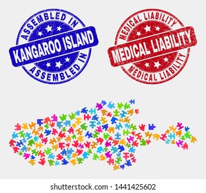 Bundle Kangaroo Island map and blue Assembled seal, and Medical Liability textured seal stamp. Colorful vector Kangaroo Island map mosaic of plugin parts. Red rounded Medical Liability seal.