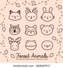 bundle of kawaii animals with leaves plant line style vector illustration design