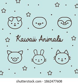 bundle of kawaii animals with stars and lettering line style vector illustration design