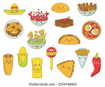 bundle of kawaii clip art with mexican food in cartoon doodle style. Mexican fast food collection with funny faces