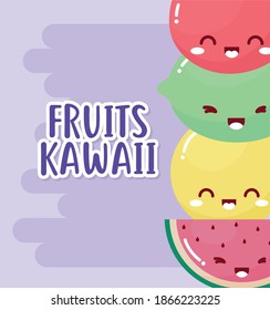 bundle of kawaii fruits with fruits kawaii lettering on purple background vector illustration design