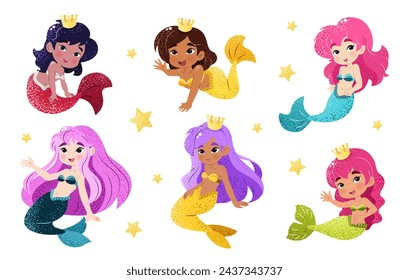 Bundle with kawaii mermaids. Isolated illustrations on a white background with funny magical creatures for a childish print. Vector clip art. An underwater set of princesses. Sea life.