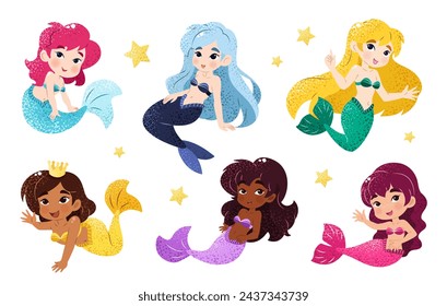 Bundle with kawaii mermaids. Isolated illustrations on a white background with funny magical creatures for a childish print. Vector clip art. An underwater set of princesses. Sea life.