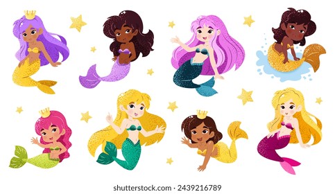 Bundle with kawaii mermaids. Isolated illustrations on a white background with funny magical creatures for a childish print. Vector clip art. An underwater set of princesses. Sea life.