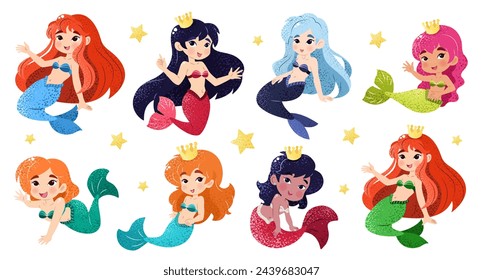 Bundle with kawaii mermaids. Isolated illustrations on a white background with funny magical creatures for a childish print. Vector clip art. An underwater set of princesses. Sea life.