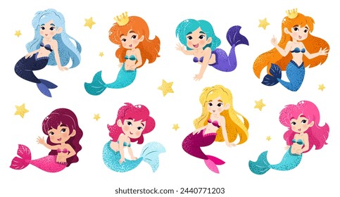 Bundle with kawaii mermaids. Isolated illustrations on a white background with funny magical creatures for a childish print. Vector clip art. An underwater set of princesses. Sea life.