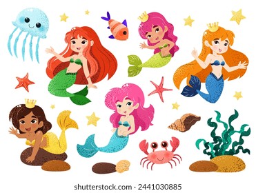 Bundle with kawaii mermaids, marine animals and plants. Isolated illustrations on white background with magical creatures for a childish print. Vector clip art. Underwater set of princesses. Sea life.