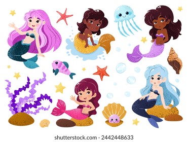 Bundle with kawaii mermaids, marine animals and plants. Isolated illustrations on white background with magical creatures for a childish print. Vector clip art. Underwater set of princesses. Sea life.