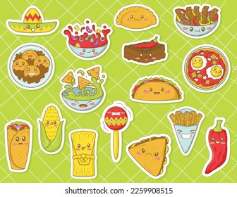 bundle  of kawaii stickers with mexican food in cartoon doodle style. Mexican fast food collection with funny faces