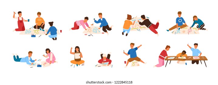 Bundle of kids painting and drawing on paper isolated on white background. Creative hobby for children. Cute boys and girls creating pictures. Colorful vector illustration in flat cartoon style.