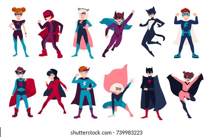 Bundle of kids superheroes. Bundle of boys and girls with super powers. Set of children cartoon or comic characters wearing tight-fitting costumes and capes. Colorful flat vector illustration.