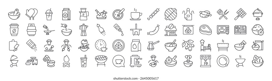 Bundle of Kitchen, Comida, Churrasco Relacionados Linha Ícones. Outline Signs para Gráficos e Web Design, Apps, Anúncios, Vários Cartões