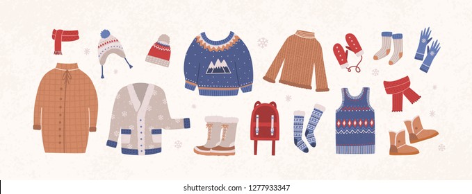 Bundle of knitted winter clothes and outerwear isolated on light background - woolen sweater, cardigan, waistcoat, snow boots, hat, gloves, socks. Set of seasonal clothing. Flat vector illustration.