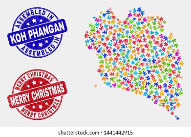 Bundle Koh Phangan map and blue Assembled stamp, and Merry Christmas textured stamp. Bright vector Koh Phangan map mosaic of bundle items. Red rounded Merry Christmas stamp.
