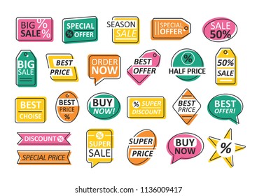 Bundle Of Labels Isolated On White Background. Set Of Colorful Tags For Shop Or Store Sale And Discount - Best Offer, Price, Choice. Creative Colored Vector Illustration For Promotion, Advertisement