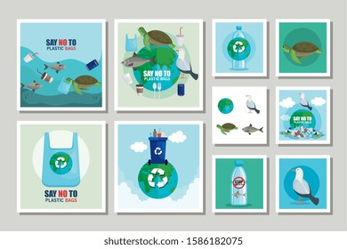 bundle labels of say no to plastic bag and icons vector illustration design