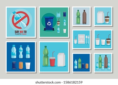 bundle labels of say no to plastic bag and icons vector illustration design