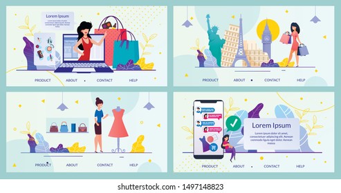Bundle Landing Page Mobile App Online Brand Store. Set Vector Mobile Application Template. Girl, Online Consultant Customer Help Shopping, Bag, Clothes, Dress, Cosmetic, Perfume, World Landmarks