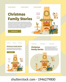 Bundle Landing Web Pages Christmas Family Story. Homepage, Fatherhood Banner Template. Dad and Son Sitting in Chair near Fireplace, Decorated Wreath, Garland, Socks. Fire Burning. Dog with Bone Gift
