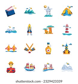 Bundle of Landmarks and Accessories Flat Icons 

