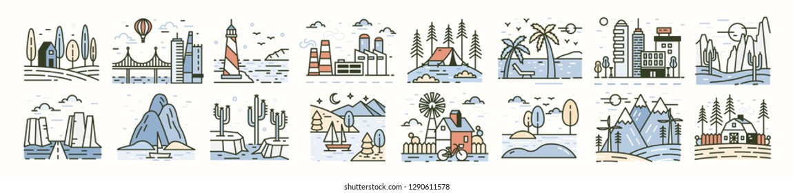 Bundle Of Landscape Icons Or Scenes. Set Of Beautiful Trendy Natural Sceneries - Beach, Forest Camp, Countryside, Desert, City, Industrial Area. Simple Vector Illustration In Modern Line Art Style.