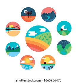 bundle of landscapes circular set scenes vector illustration design