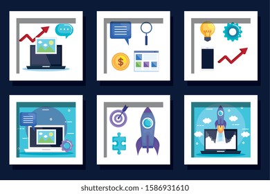 bundle of laptop and business icons vector illustration design