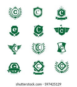 Bundle of Letter C Logo with Shield, Hexagonal Shape, Wreath, Wheat, Wings and Feather Green