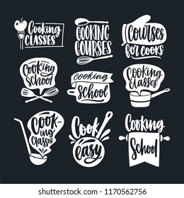 Bundle of lettering handwritten with calligraphic script and decorated with cookware isolated on black background. Set of cooking classes, courses or school labels. Monochrome vector illustration.