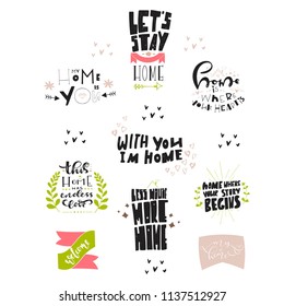 Bundle of lettering quotes about home with decorative elements. Unique vector illustration. Modern cute style