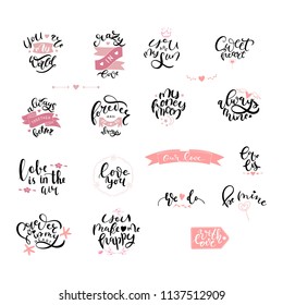 Bundle of lettering quotes with decorative elements. Handdrawn modern set. Romantic vector illustration