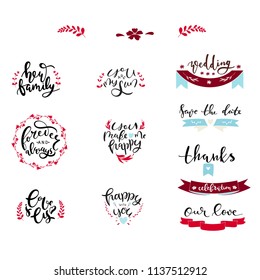 Bundle of lettering quotes with decorative elements. Unique handdrawn modern art. Romantic vector phrases