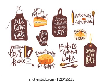 Bundle of lettering written with calligraphic font and decorated with kitchenware for baking and baked food. Set of inscriptions and tools for homemade pastry preparation. Vector illustration.