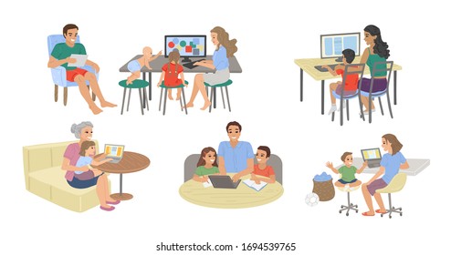 Bundle life stories. Schoolchildren and children in quarantine at home, study from home, distance learning online, a prominent lesson, child preschool development, hobby education and activity.