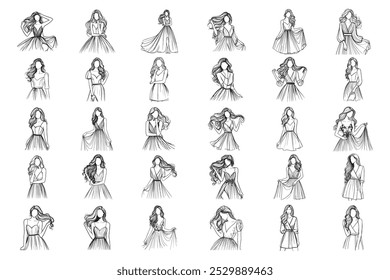 Bundle Line Art Beleza Mulheres Elegantes Use Vestido Modelo Foto Arte Preto e Branco Ilustração Mão Desenhado Clipart