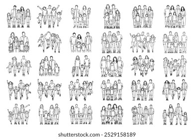 Bundle Line Art Cheerful Big Family Pose Photo Art Black and White Illustration Hand Drawn Clipart