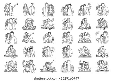 Bundle Line Art Casal alegre foto de férias arte preto e branco ilustração mão desenhada Clipart