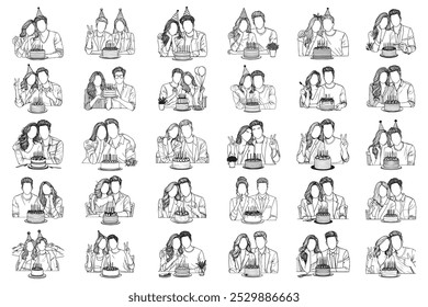 Bundle Line Art Fröhliches Paar feiern Geburtstag mit Kuchen Fotokunst Schwarz-Weiß Illustration Handgezeichnet Clipart