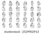 Bundle Line Art Cheerful Cute Baby With Foster Mother Pose Art Black and White Illustration Hand Drawn Clipart
