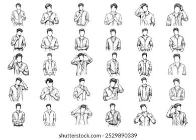 Bundle Line Art Cool Men Casual Shirt Model Photo Art Black and White Illustration Hand Drawn Clipart