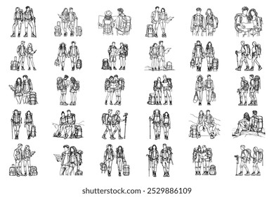 Bundle Line Art Couple Adrenaline Adventure Use Trekking Equipment Art Black and White Illustration Hand Drawn Clipart