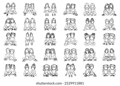 Bundle Line Art Cute Twin Sister Child Happy Pose Art Black and White Illustration Hand Drawn Clipart