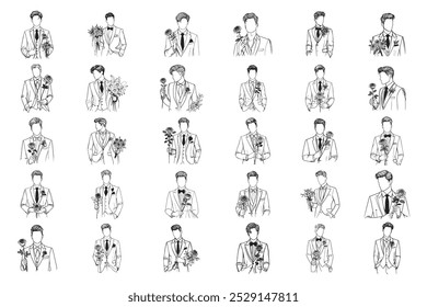 Bundle Line Art Homem Elegante Casamento com Rose Flower Foto Preto e Branco ilustração mão desenhada Clipart
