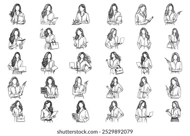 Bundle Line Art Entrepreneur Elegante Frauen Stil Kunst Schwarz und Weiß Illustration Handgezeichnet Clipart