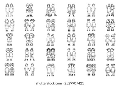 Bundle Line Art Fraternity Twin Child Happy Pose Art Black and White Illustration Hand Drawn Clipart