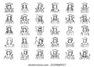 Bundle Line Art Happy Graduation Girl Celebrate Pose Use Gown Art Black and White Illustration Hand Drawn Clipart