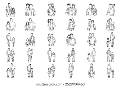 Bundle Line Art Feliz Amor Criança íntima com pai Art preto e branco ilustração mão desenhada Clipart